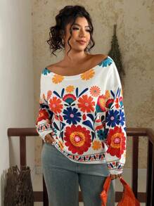 SHEIN VCAY Sweater Rajut Jacquard Digital Premium, Blus Wanita Lengan Panjang Longgar Serbaguna Elegan untuk Musim Semi & Gugur Musim Dingin - MultiWarna - View 4