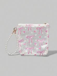 ROMWE Kawaii Pattern: 919979 Bowknot & Heart Printed Transparent PVC Lace Wristlet Makeup Bag Coin Purse Earphone Lipstick Portable Organizer, Gift - White - View 5