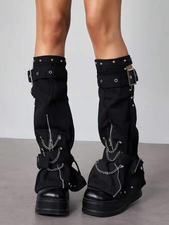 Grunge Punk 1 Pair Punk Style Zipper Chain Element Leg Warmers, Goth Lolita Leg Sleeve With Straps, Slimming Design, Suitable For Daily Wear And Holiday Party, With Metal Buckle Decor