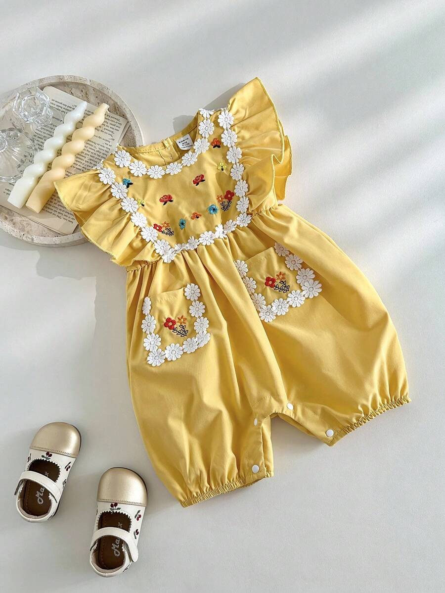 SHEIN 女婴优雅花卉印花连体衣，百搭可爱时尚乡村度假风格 - 黃色 - 查看 1