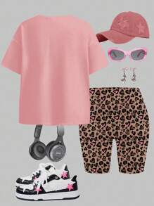 SHEIN Leap Crew Tween Girls 2pcs/Set Casual Minimalist Short Sleeve T-Shirt And Shorts, Suitable For Summer - Multicolor - View 3