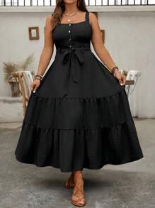 Breezaya Plus Size Women Casual Denim-Look Adjustable Strap Decor Button Dress - Black - View 1