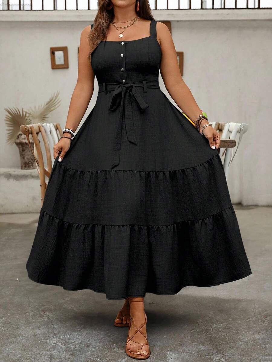 Breezaya Plus Size Women Casual Denim-Look Adjustable Strap Decor Button Dress - Black - View 1