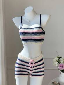 Comfortcana 2pcs Women Contrast Striped Cropped Camisole & Shorts Set,Low Rise - Multicolor - View 1
