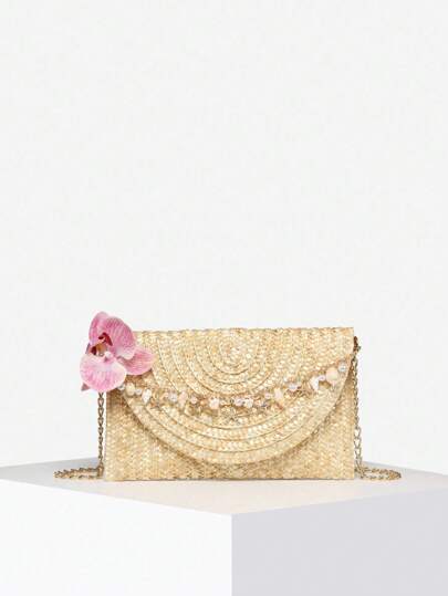 Fairycore Women's Floral Straw Shoulder Bag, Shell Shape Decor Ocean Theme Lightweight Crossbody Bag For Beach Holiday And Shopping