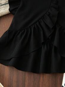 Elladie kids Young Girls Cute Asymmetrical Hem Design & Bow Print Casual Pants Set Toddler Girl Two Pieces Set Toddler Girl Black Ruffle Top And Bow Print Pants Set Toddler Girl Black And White Outfit Girls Summer Outfit Toddler Girl Summer Set Toddler Girl Two Pieces Outfit Black Ruffle Top And Striped Pants Set Toddler Girl Bow Print Pants - Multicolor - View 6