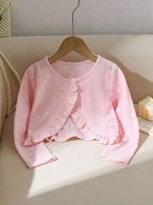 Young Girl Knitted Hollow-Out Fabric Ruffle Hem Short Jacket, Sweet & Cool, & Elegant, Suitable For Spring & Autumn, Outdoor, Versatile Occasions - Pink - View 1