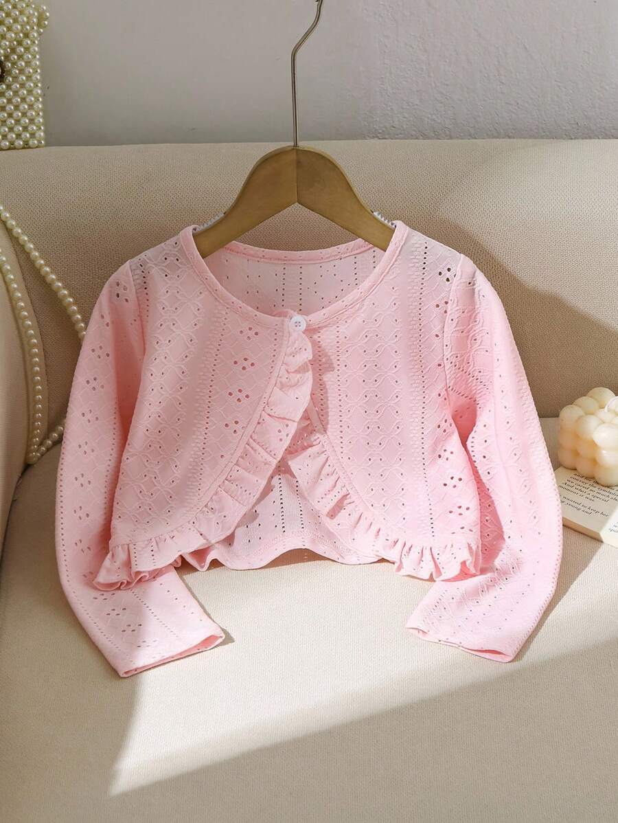 Young Girl Knitted Hollow-Out Fabric Ruffle Hem Short Jacket, Sweet & Cool, & Elegant, Suitable For Spring & Autumn, Outdoor, Versatile Occasions - Pink - View 1