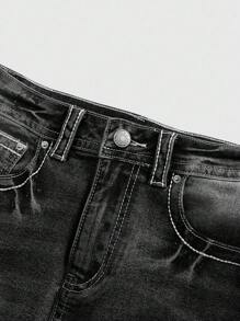 ROMWE J-Fashion Váy ngắn denim thêu bướm cổ điển Y2K có thể điều chỉnh đường khâu tương phản cho nữ - màu đen - Xem 3