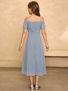 Mädchen elegantes minimalistisches Off-Shoulder Kurzarm Midi Kleid mit hoher Taille und asymmetrischem Saum aus Chiffon, geeignet für Abschluss, Abendveranstaltungen - Graublau - Übersicht 2