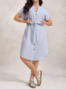 Zelara Vestido midi de rayas azules y blancas con lazo en la cintura para mujer de talla grande para el verano