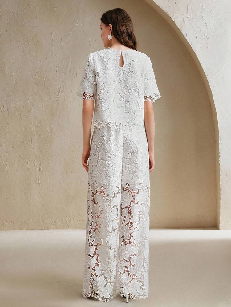 Women's Casual Embroidered Crew Neck Top And Pants Set