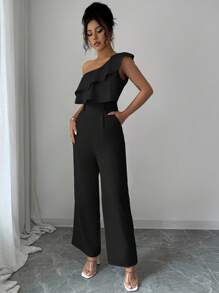 Elenzga Women's Spring/Summer Vacation Style Office Commute Beach Party Asymmetrical Neck Layered Flounce Waist Jumpsuit, Loose Straight-Leg - Black - View 3