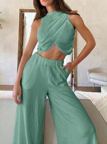 SHEIN Tall Chic Simplicity: Bộ áo crop top cổ tròn và quần cùng tông - Màu xanh Bạc hà - Xem 7