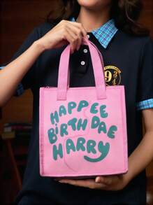 HARRY POTTER X SHEIN 1个生日蛋糕图案保温午餐包/野餐包，可保温或保冷，大容量，可装午餐盒和饮料，适合野餐、露营、旅行、居家使用，适合家庭和学生，饮料，海格，返校季 - 粉色 - 查看 2