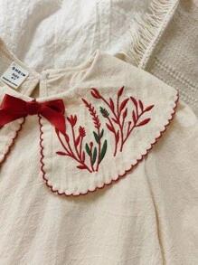 Vintaside Kids 女童秋季刺绣翻领长袖时尚连衣裙，适合秋季郊游、露营等休闲日常穿着。 - 杏色 - 查看 6