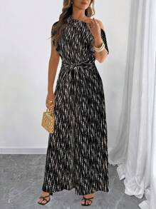 SHEIN PETITE 大码女式夏季时尚露肩印花腰带长款连衣裙 - 黑色 - 查看 6