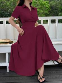Modelyn Women's Solid Color Minimalist Button-Up Waisted Knee Length Sweater Dress - Burgundy - View 3