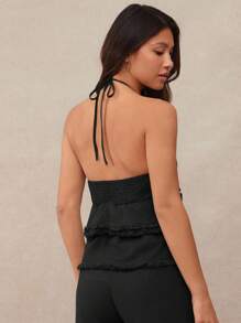 WESTFADE Blusa de cuello halter con volantes en capas, espalda con lazo y flecos de algodón 100% estilo bohemio, ideal para volver al colegio, otoño, estilo bohemio, otoño, invierno, conciertos country, vestimenta occidental para mujer - Negro - Ver 5