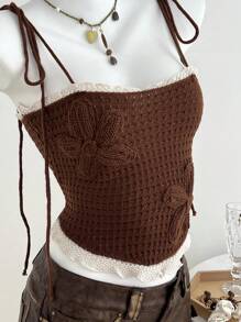Elamini Women's Casual Contrast Color Trim Knit Camisole Top - Brown - View 5