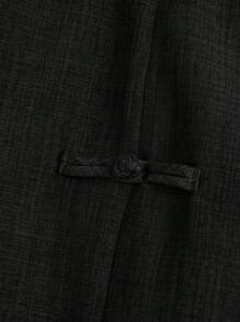 EMERY ROSE 大码女式夏季亚麻休闲通勤日常外出松紧腰圆下摆开衩设计中国结装饰纽扣短裤 - 黑色 - 查看 5