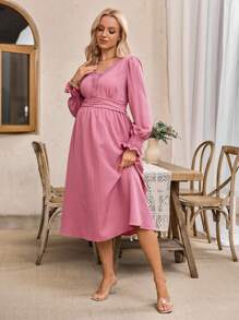 Maternity Elegant Solid Color Ruffle Sleeve Floral Trim Midi Dress - Dusty Pink - View 1