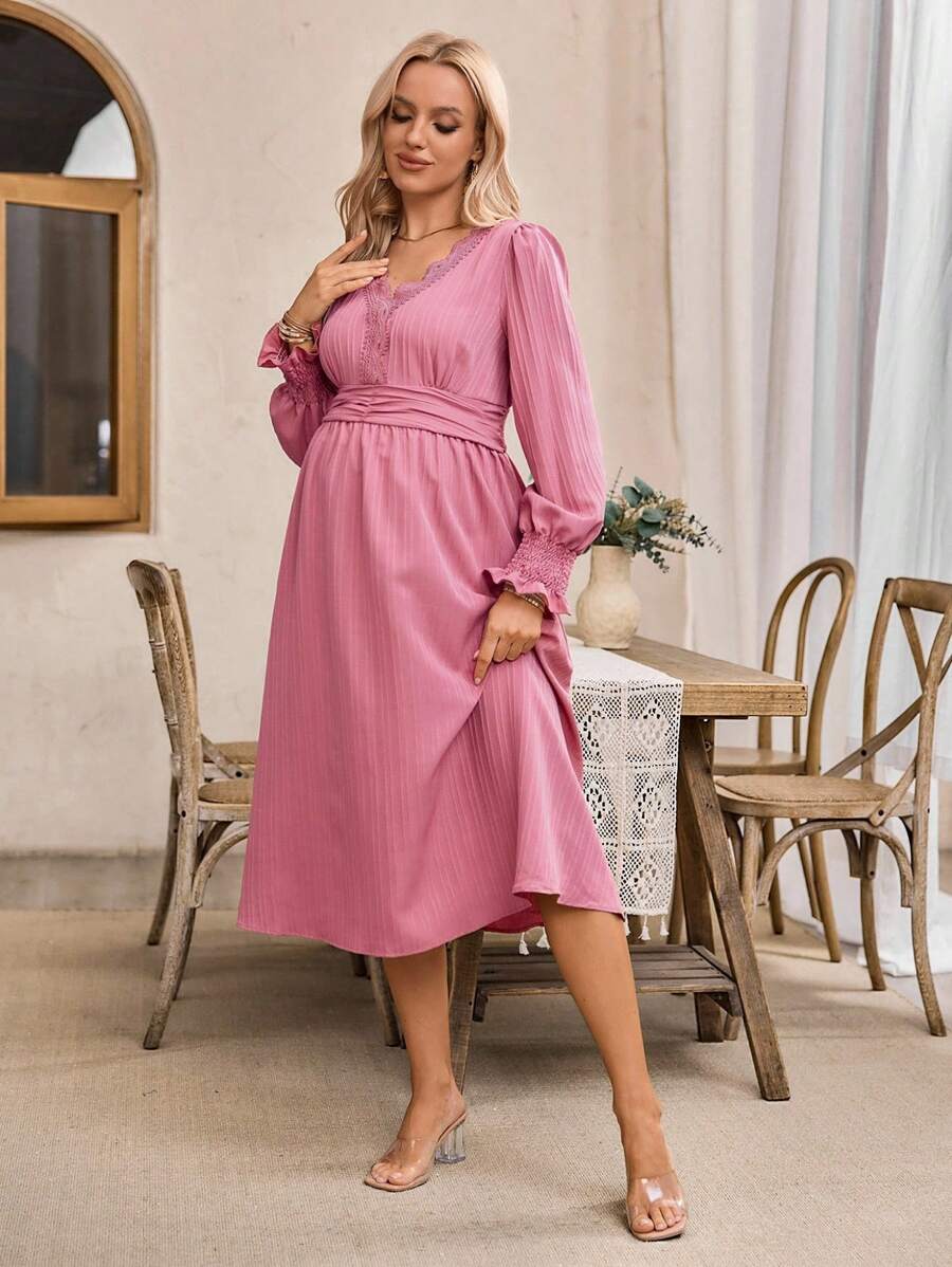 Maternity Elegant Solid Color Ruffle Sleeve Floral Trim Midi Dress - Dusty Pink - View 1