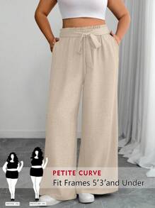 SHEIN PETITE Pantalones de pierna ancha de unicolor con volantes en el dobladillo, cintura con lazo y bolsillos para mujer de talla grande - Albaricoque - Ver 1