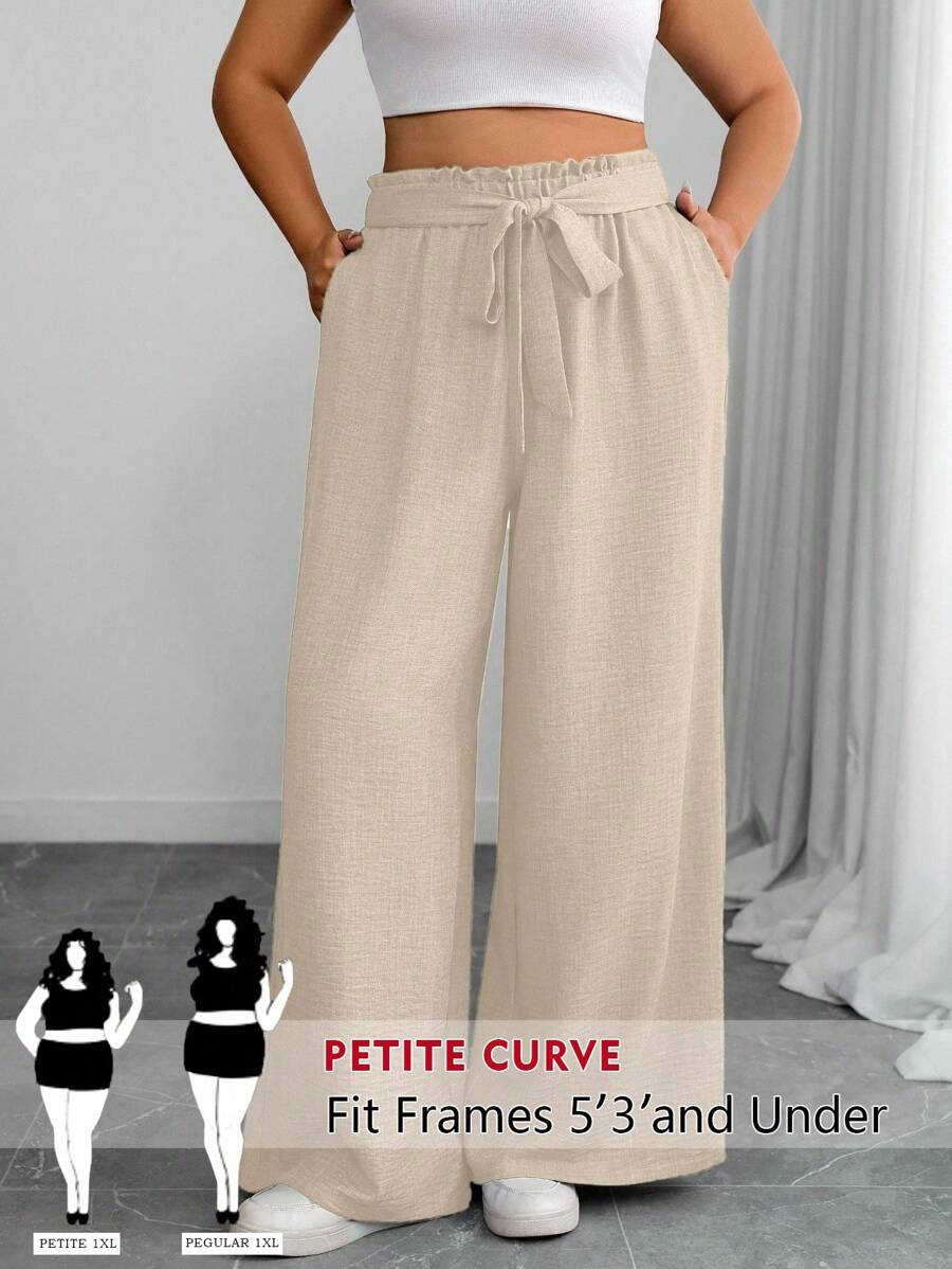 SHEIN PETITE Pantalones de pierna ancha de unicolor con volantes en el dobladillo, cintura con lazo y bolsillos para mujer de talla grande - Albaricoque - Ver 1