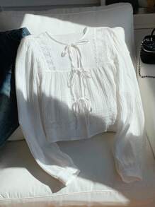 Comfortcana Camicetta oversize casual da donna a maniche lunghe, di colore tinta unita semplice con fiocco - Bianco - Visualizzare 3
