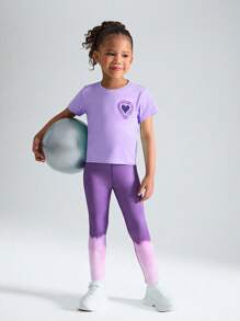 SHEIN 年轻女孩运动套装 - 宽松圆领短袖 T 恤 + 修身渐变印花紧身裤，弹力舒适，适合网球、跑步、户外锻炼，四季皆宜 - 紫色 - 查看 3