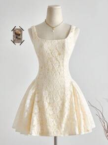 Franclia Vestido mini elegante de unicolor con encaje sin mangas para verano - Amarillo claro - Ver 1