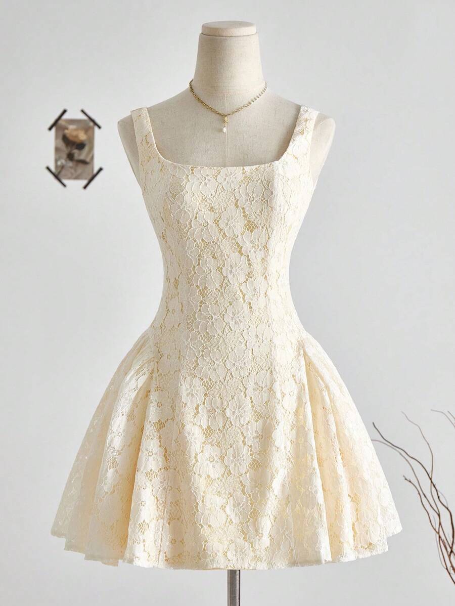 Franclia Vestido mini elegante de unicolor con encaje sin mangas para verano - Amarillo claro - Ver 1
