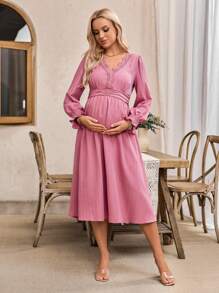 Maternity Elegant Solid Color Ruffle Sleeve Floral Trim Midi Dress - Dusty Pink - View 4