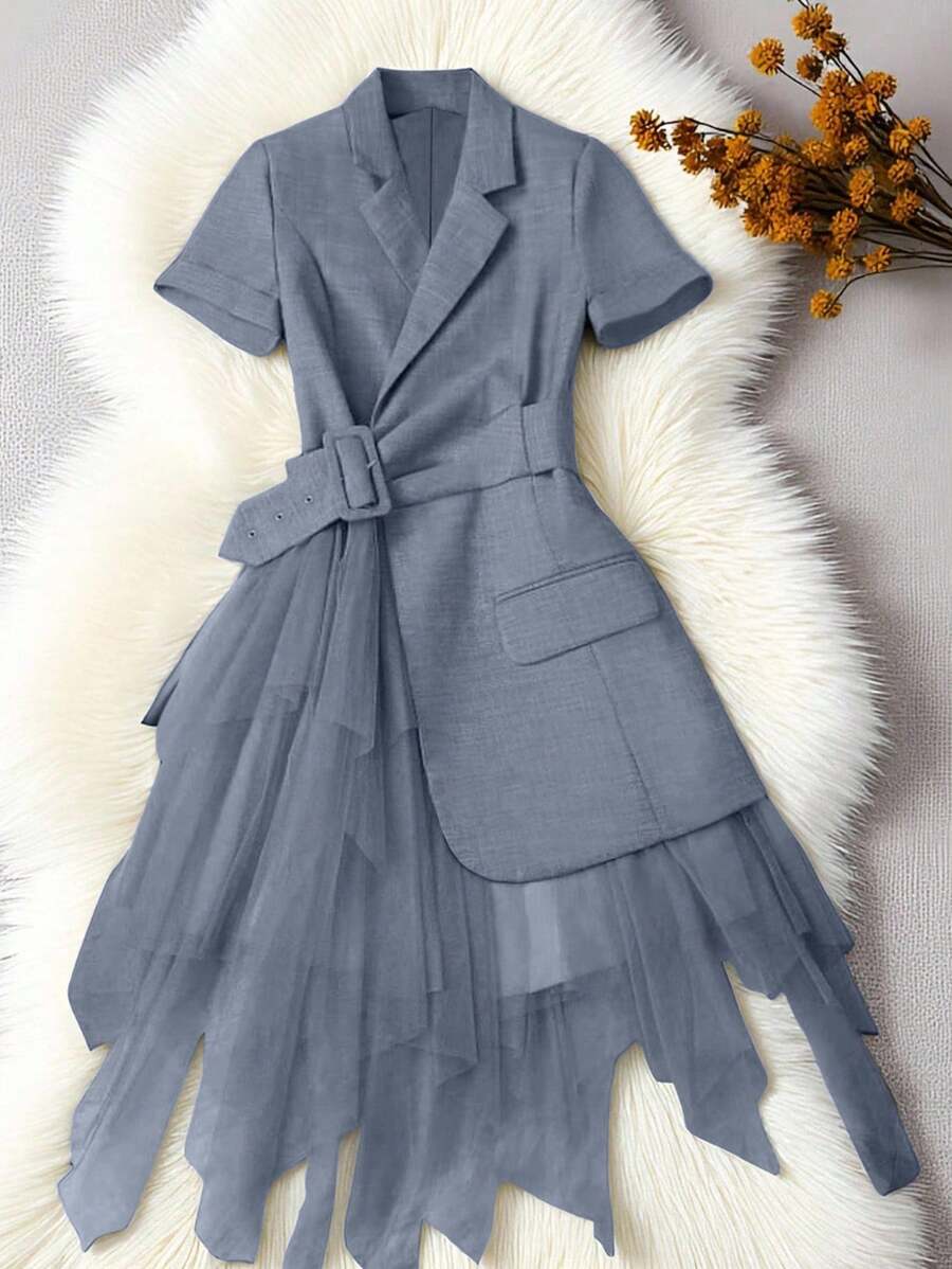 Áo khoác nữ thanh lịch, cổ ve áo giản dị, lưới vá viền bất đối xứng, thắt lưng, nhẹ, mùa hè - Màu xanh bụi bặm - Xem 1