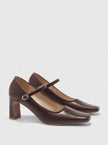 CUCCOO BIZCHIC Women's Casual Simple Solid Color Chunky Heel With Buckle Flat Shoes For Christmas Spring Shoes - Brown - View 9