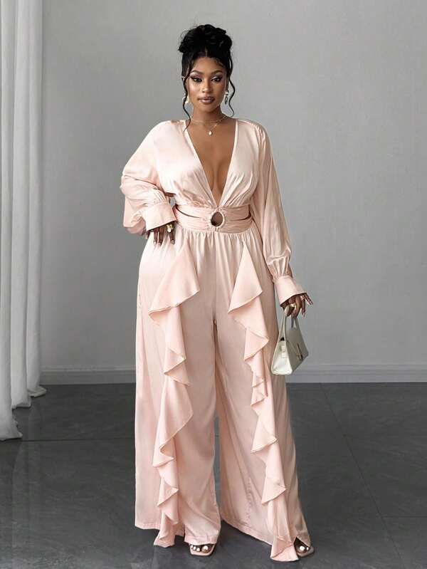 Maweii V-Neck Long Sleeve Ruffled Hollow-Out Elegant Jumpsuit