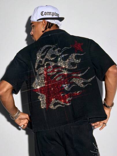 Street Life Camicia di jeans estiva da uomo con decorazioni in strass