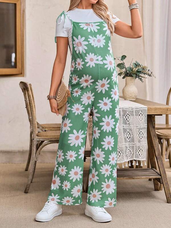 SHEIN Maternity Casual Daisy Print Tie Shoulder Strap Wide Leg Jumpsuit