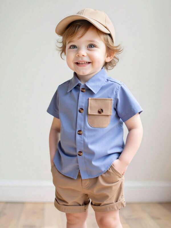 SHEIN Playful Pals Baby Boy Color Block Cargo Pocket Short Sleeve Shirt Top, Summer