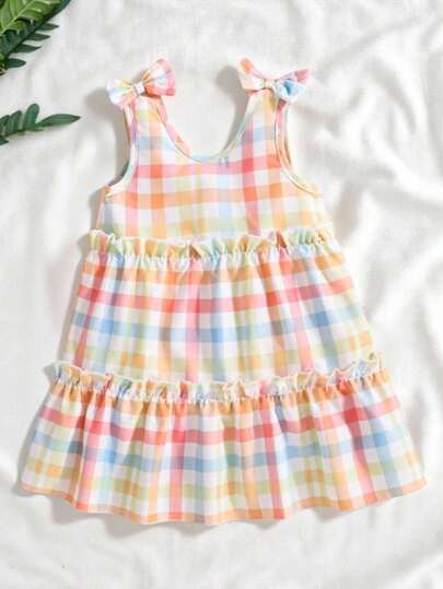 女婴幼儿休闲彩色格子无袖连衣裙，轻盈夏季