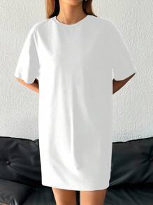 SHEIN EZwear Oversized Casual White Short Sleeve T-Shirt Dress, Suitable For Summer Suitable For Going Out Chic Dress