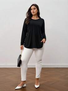 SHEIN Clasi Plus Size Solid Color Button Detail Curved Hem T-Shirt Fall - Black - View 5