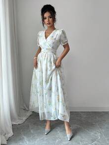 Modelyn 法式复古V领花瓣袖收腰女式连衣裙 - 黃色 - 查看 6