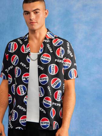 PEPSI X SHEIN Men's Summer Casual Letter Graphic Front Button Short Sleeve Shirt