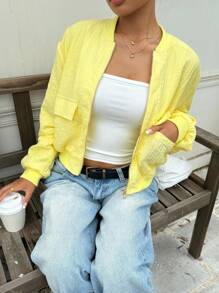 SHEIN EZwear 机场秋季黄油黄短款休闲/通勤黄色女式夹克 - 黃色 - 查看 8