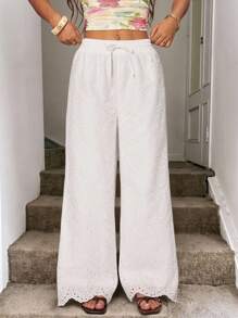 SHEIN PETITE Women Casual Eyelet Embroidery Cropped Pants, Suitable For Vacation And Outdoor, Spring/Summer Boho Chic Rave European Summer - White - View 8