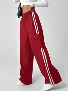 SHEIN EZwear Women's Casual Red Drawstring Waist Striped Side Pocket Long Pants - Red - View 6
