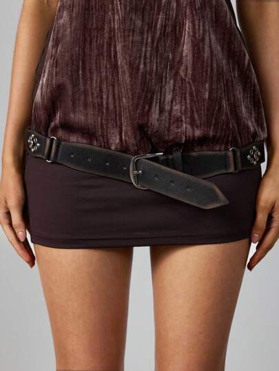 Grunge Punk 1 pieza Cinturón de mezclilla bohemio con piedras decorativas desgastadas para mujer, accesorio versátil para el día a día