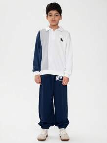 SHEIN 1pc Boys' Navy And White Casual Loose Fit Polo Collar Long Sleeve Sweatshirt,Embroidered Pattern,Contrast Color Patchwork,School,Back-To-School,Autumn - Multicolor - View 7